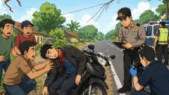 Ilustrasi Petugas kepolisian melakukan olah TKP di lokasi warga Ciampel, Karawang, ditemukan meninggal di atas sepeda motor diduga akibat terkena benang layangan.